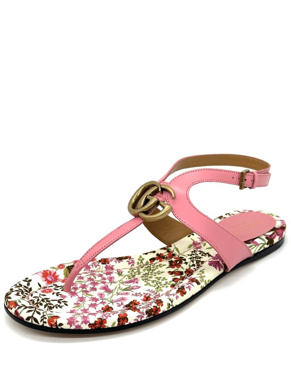 Gucci Marmont Double GG Logo Leather Thong T Strap Flat Sandals Shoes